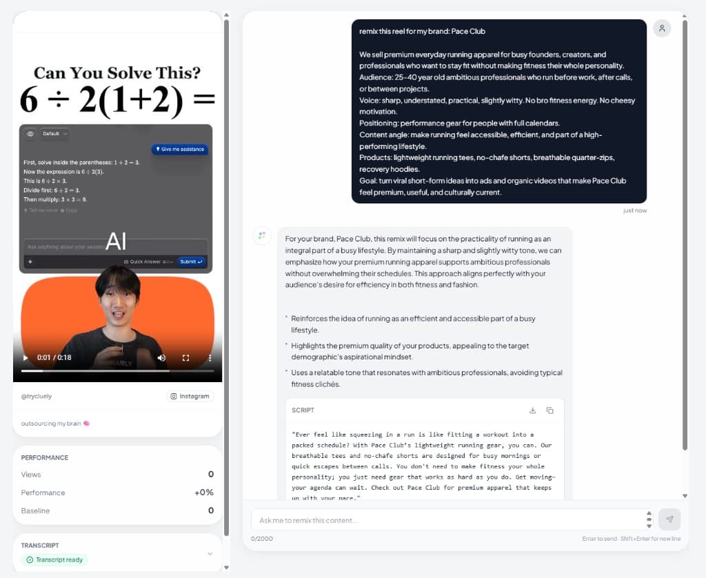 Ospri Remixer conversation with a short-form video, transcript-ready status, and generated script concepts.